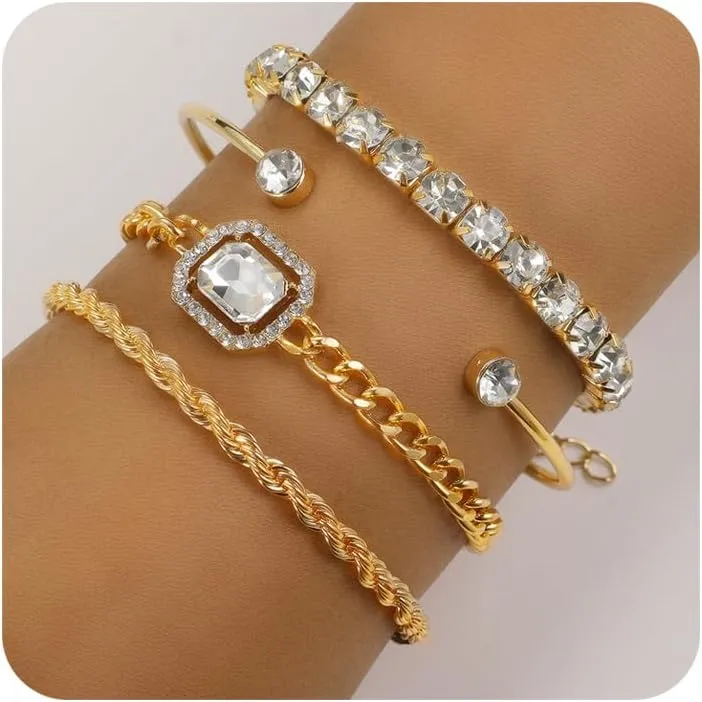 Gold Bangle Bracelets for Women Trendy 14k Gold Plated Stackable Dainty Cuff Bracelet Adjustable Charm Rhinestone Cuban Link Chain Tarnish Free Golden Jewelry Sets Fashion Accessories Gifts
