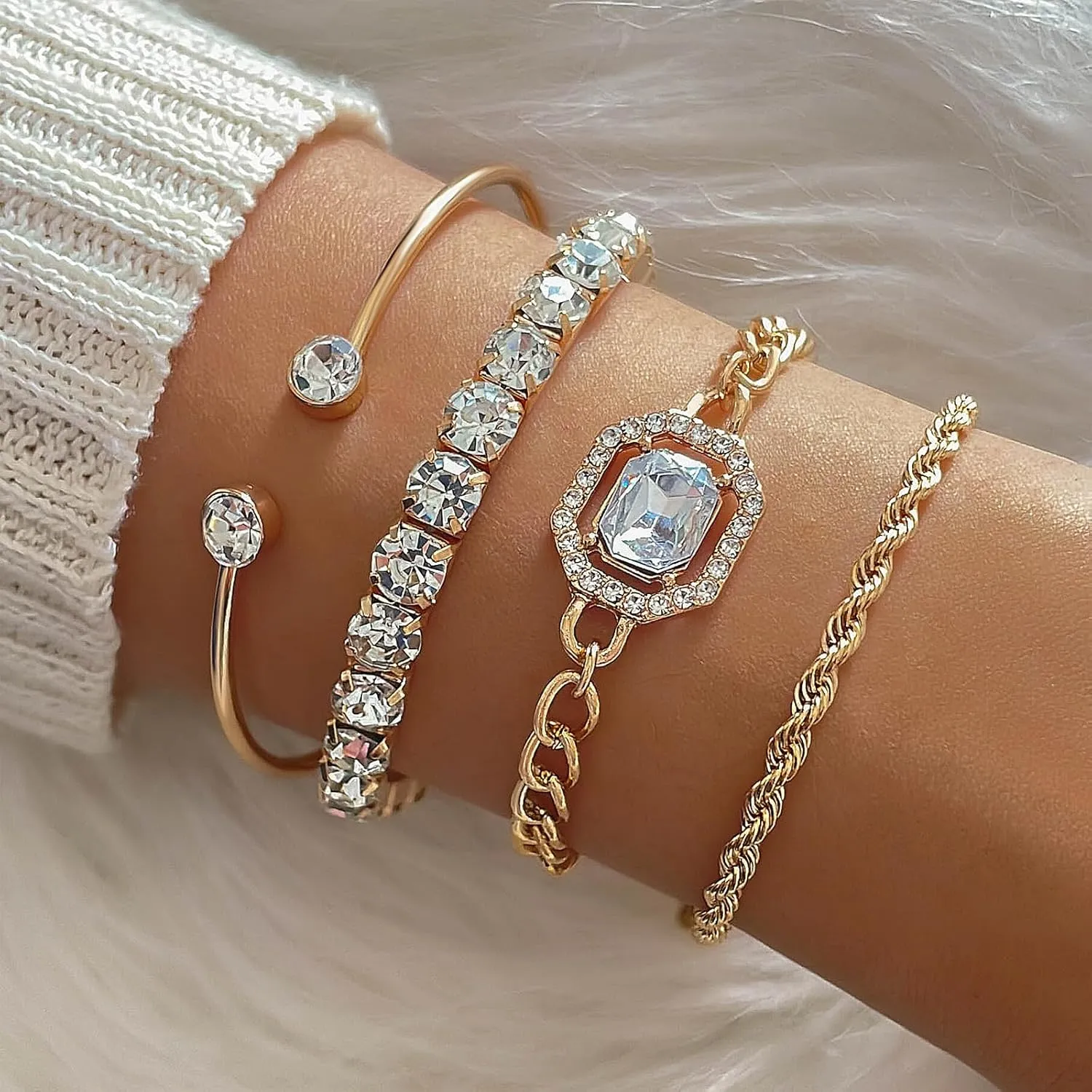 Gold Bangle Bracelets for Women Trendy 14k Gold Plated Stackable Dainty Cuff Bracelet Adjustable Charm Rhinestone Cuban Link Chain Tarnish Free Golden Jewelry Sets Fashion Accessories Gifts