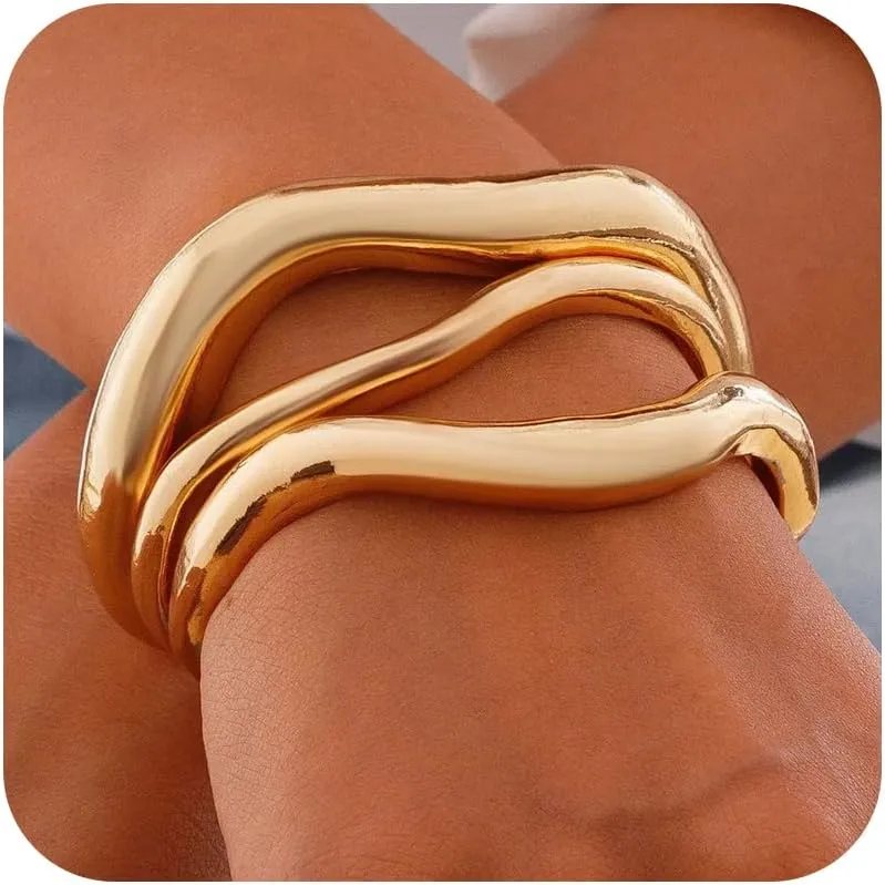 Gold Bangles for Women 14k Gold Plated Gold Cuff Bracelets Adjustable Chunky Bangles Hammered Textured Irregular Cuffs Statement Jewelry Gifts