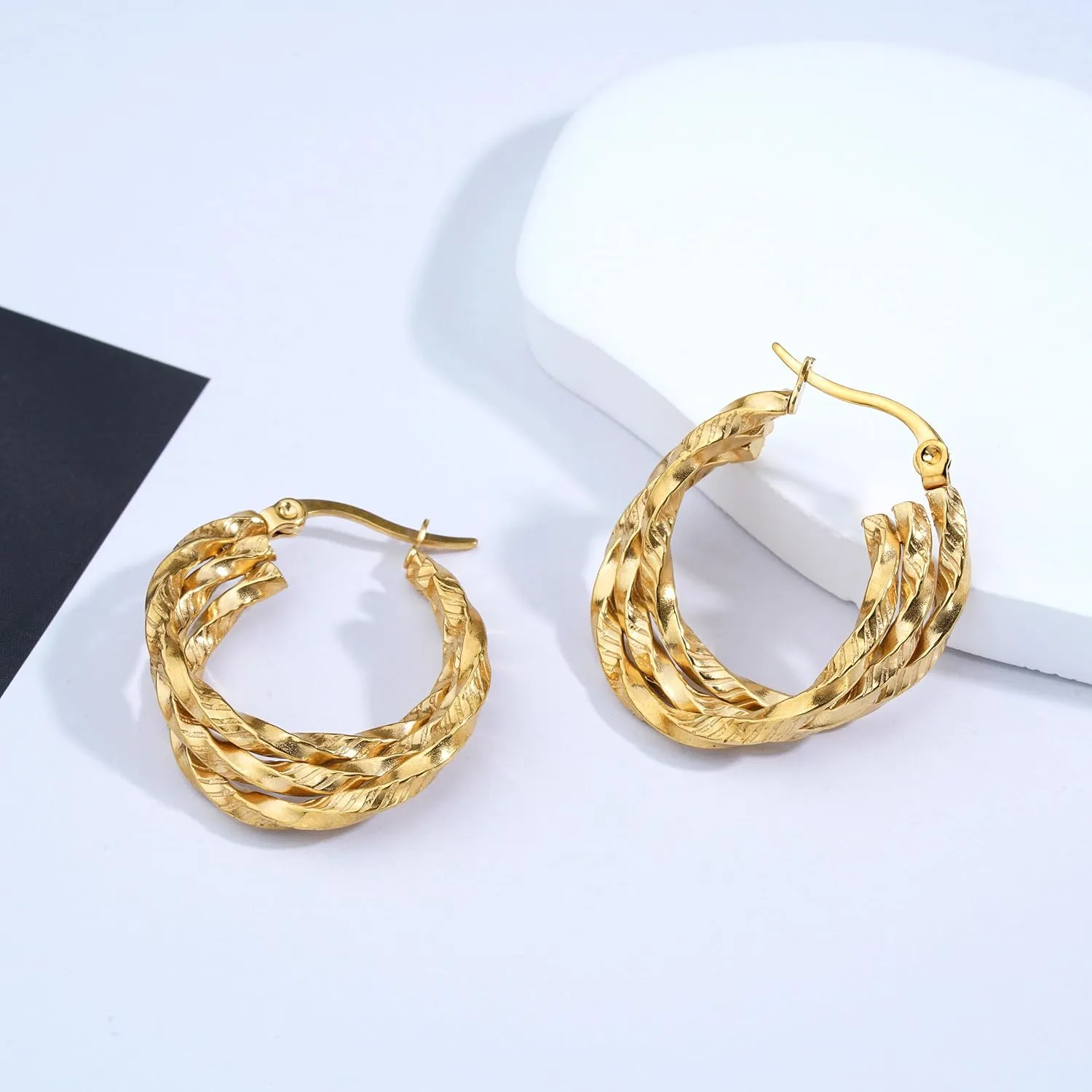 Gold Hoop Earrings for Women 14K Gold Plated Chunky Small Twist Hammered Hoop Earrings Hypoallergenic Stainless Steel Trendy Hoop Earrings for Women Jewelry