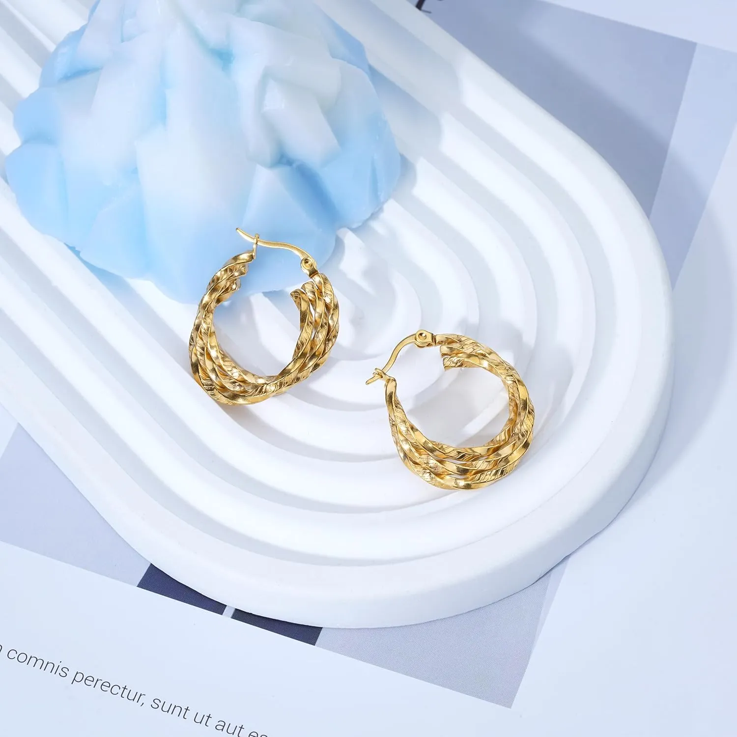 Gold Hoop Earrings for Women 14K Gold Plated Chunky Small Twist Hammered Hoop Earrings Hypoallergenic Stainless Steel Trendy Hoop Earrings for Women Jewelry