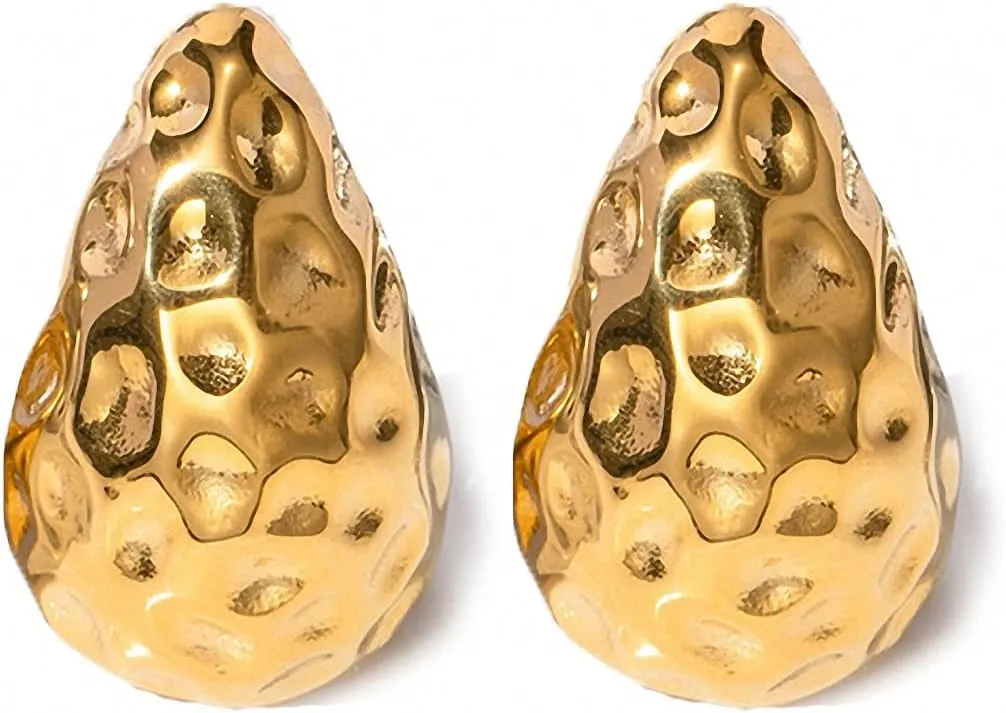 Hammered Hollow Waterdrop Earrings For Women Gold Plated Stainless Steel Chunky Hoop Teardrop Earrings