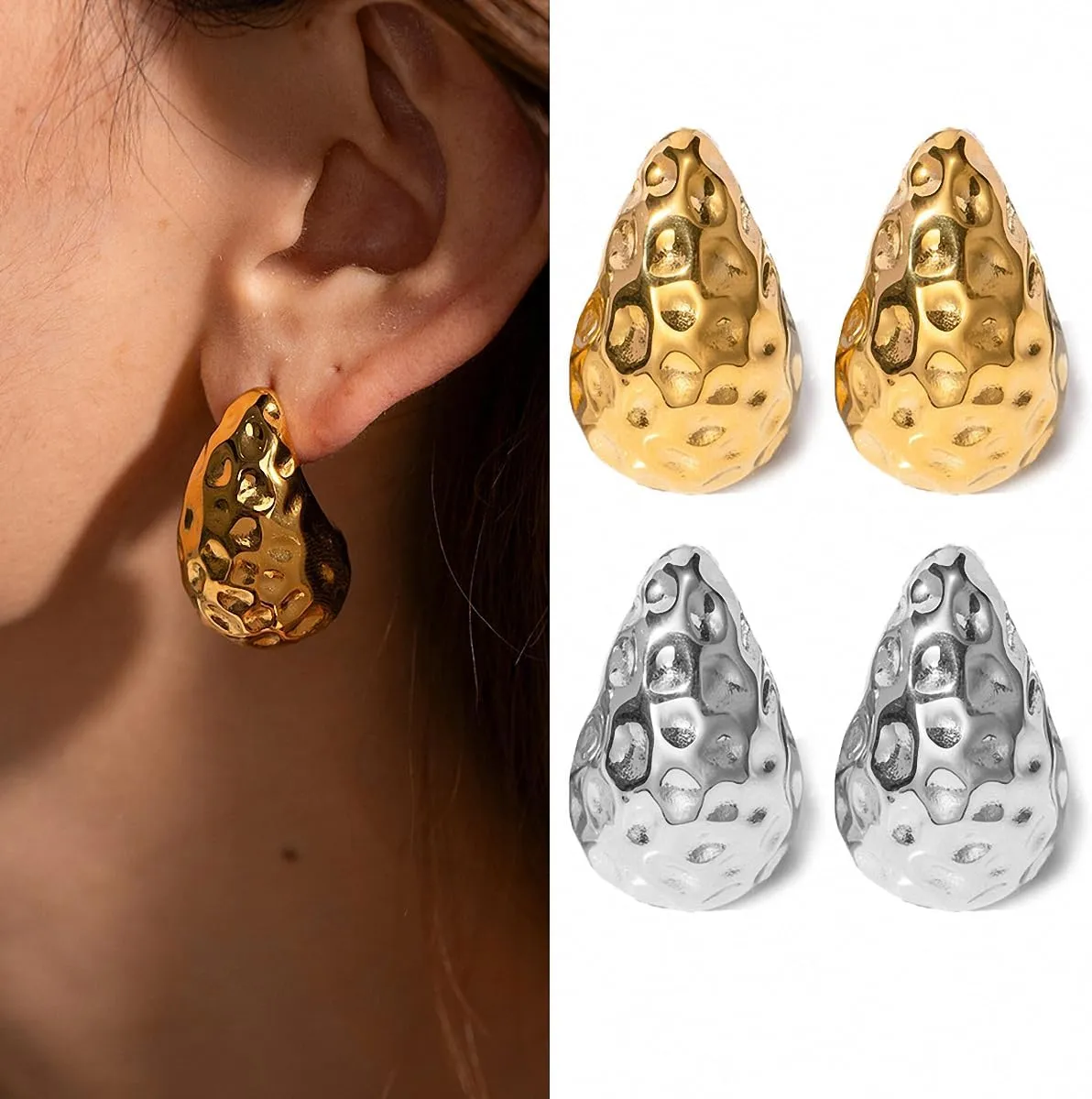 Hammered Hollow Waterdrop Earrings For Women Gold Plated Stainless Steel Chunky Hoop Teardrop Earrings