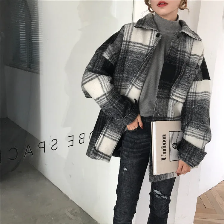Harajuku Loose Plaid Woolen Coat