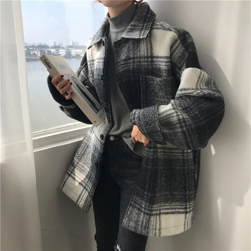 Harajuku Loose Plaid Woolen Coat