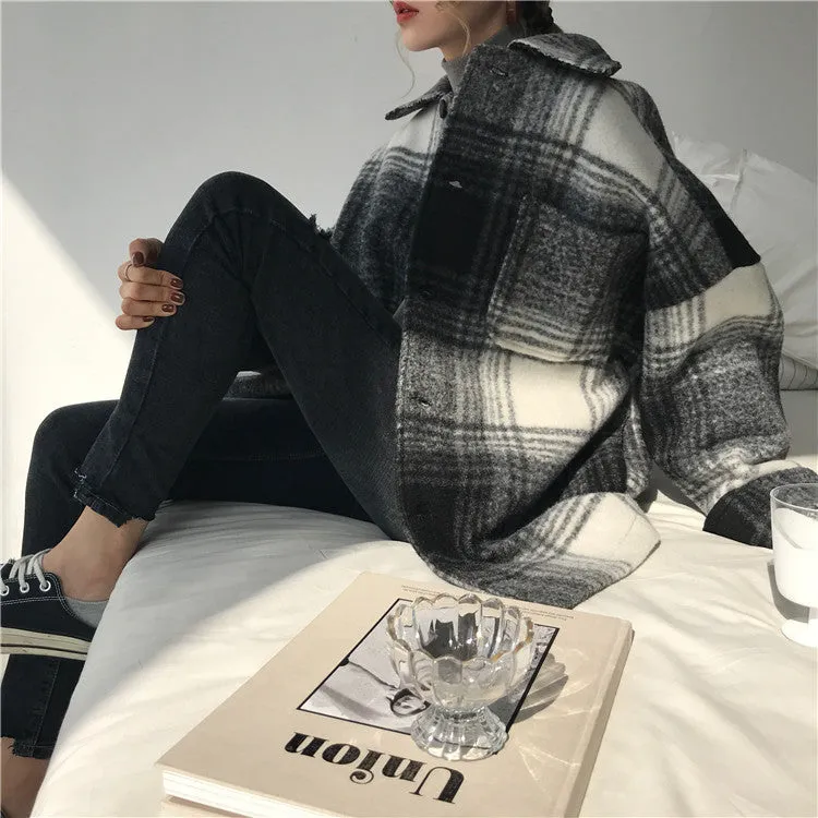 Harajuku Loose Plaid Woolen Coat
