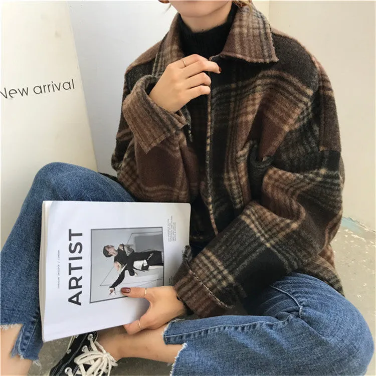 Harajuku Loose Plaid Woolen Coat