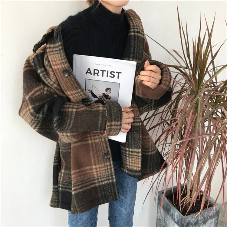 Harajuku Loose Plaid Woolen Coat
