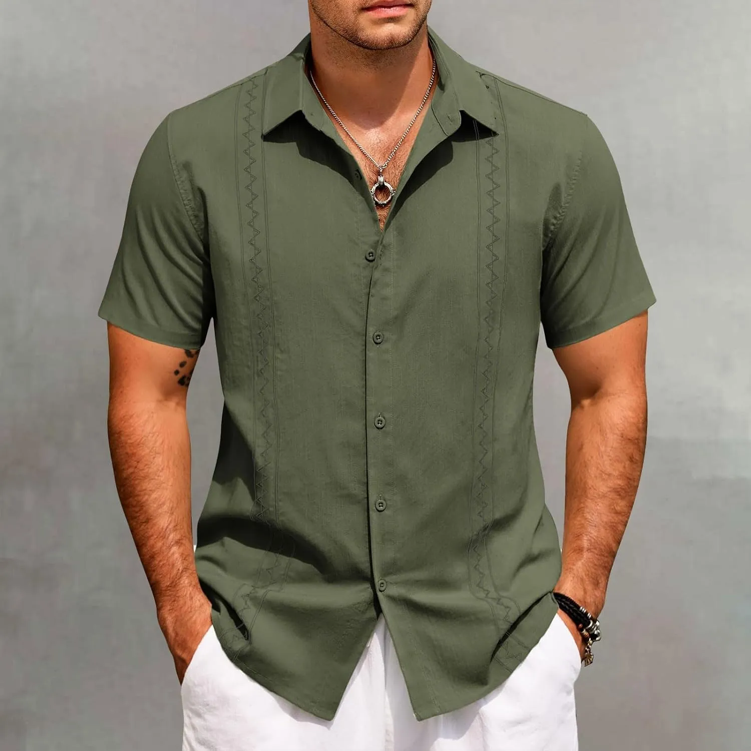Hawaiian Shirt Men Casual Short Sleeve Button Down Beach Summer Wedding Shirt Casual Cotton Linen Solid Color Tee