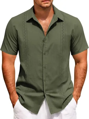 Hawaiian Shirt Men Casual Short Sleeve Button Down Beach Summer Wedding Shirt Casual Cotton Linen Solid Color Tee