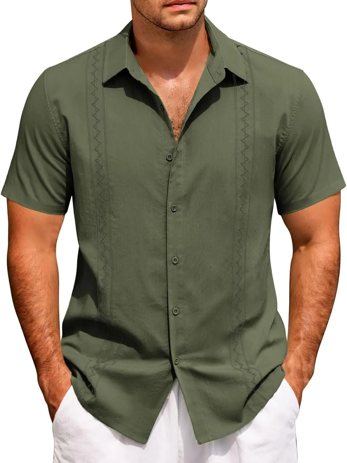 Hawaiian Shirt Men Casual Short Sleeve Button Down Beach Summer Wedding Shirt Casual Cotton Linen Solid Color Tee