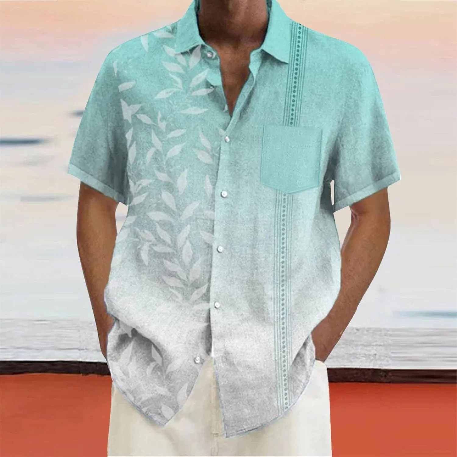 Hawaiian Shirts for Men Summer Beach Loose Fit Casual Short Sleeve Linen Tshirts Lightweight Button Down Hippie Tops