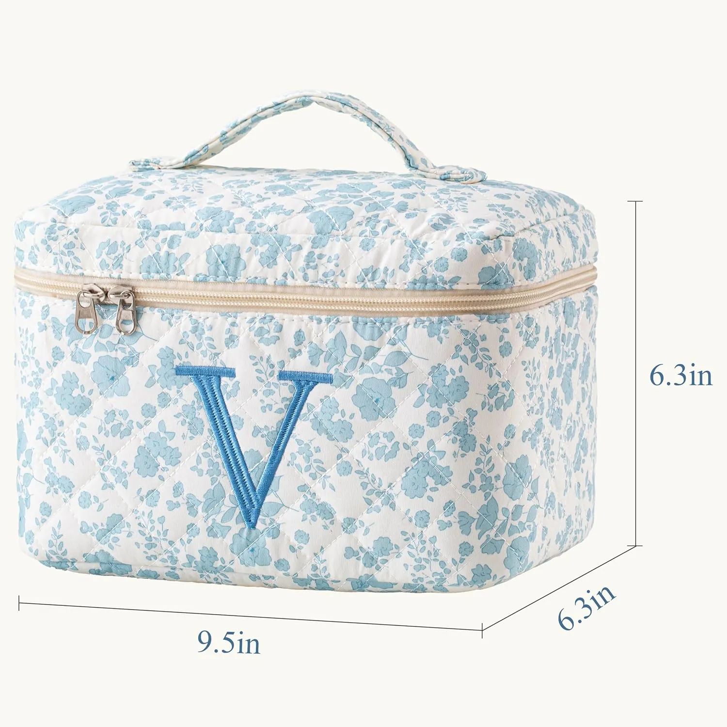 HBselect Initial Quilted Makeup Bag - Large Cotton Travel Cosmetic Toiletry Bag With Cute Floral Coquette Design for Women Girls V