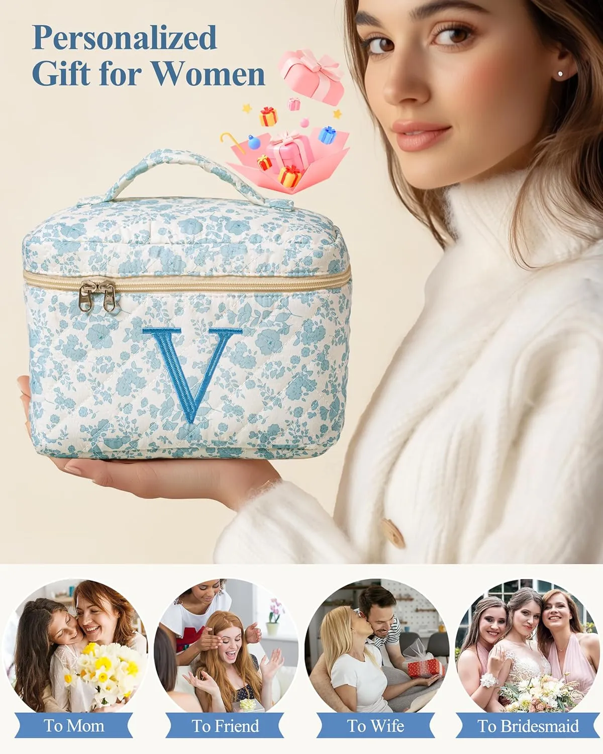 HBselect Initial Quilted Makeup Bag - Large Cotton Travel Cosmetic Toiletry Bag With Cute Floral Coquette Design for Women Girls V