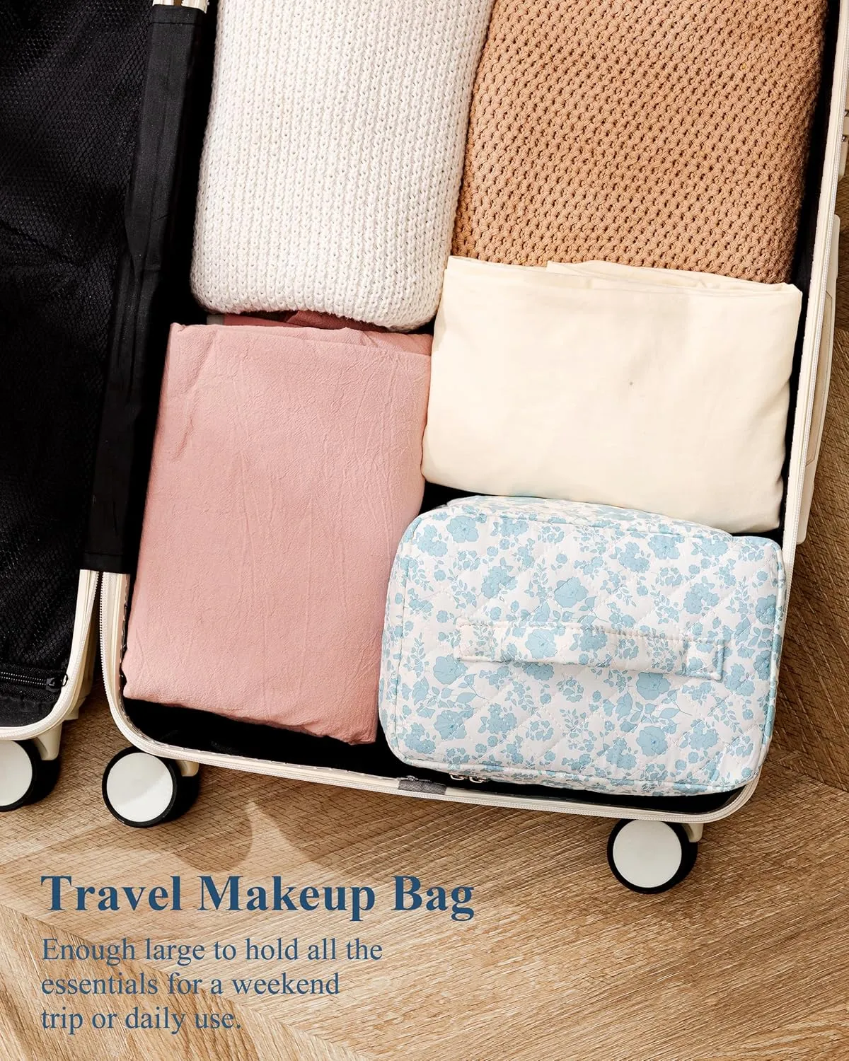 HBselect Initial Quilted Makeup Bag - Large Cotton Travel Cosmetic Toiletry Bag With Cute Floral Coquette Design for Women Girls V