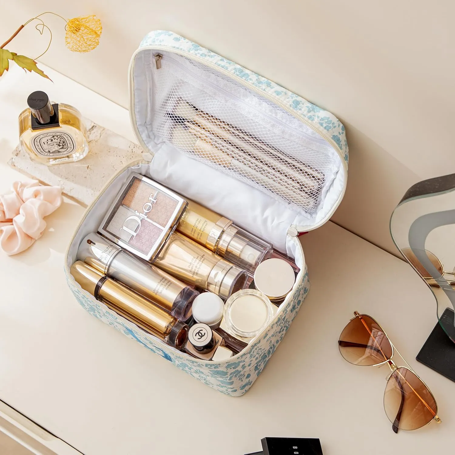 HBselect Initial Quilted Makeup Bag - Large Cotton Travel Cosmetic Toiletry Bag With Cute Floral Coquette Design for Women Girls V