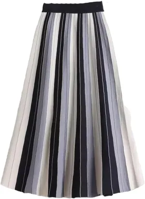 Hdhdeueh Women Striped Brown Gray A-Line High Waist Knitted Midi Skirt Elegant Pleated Skirt