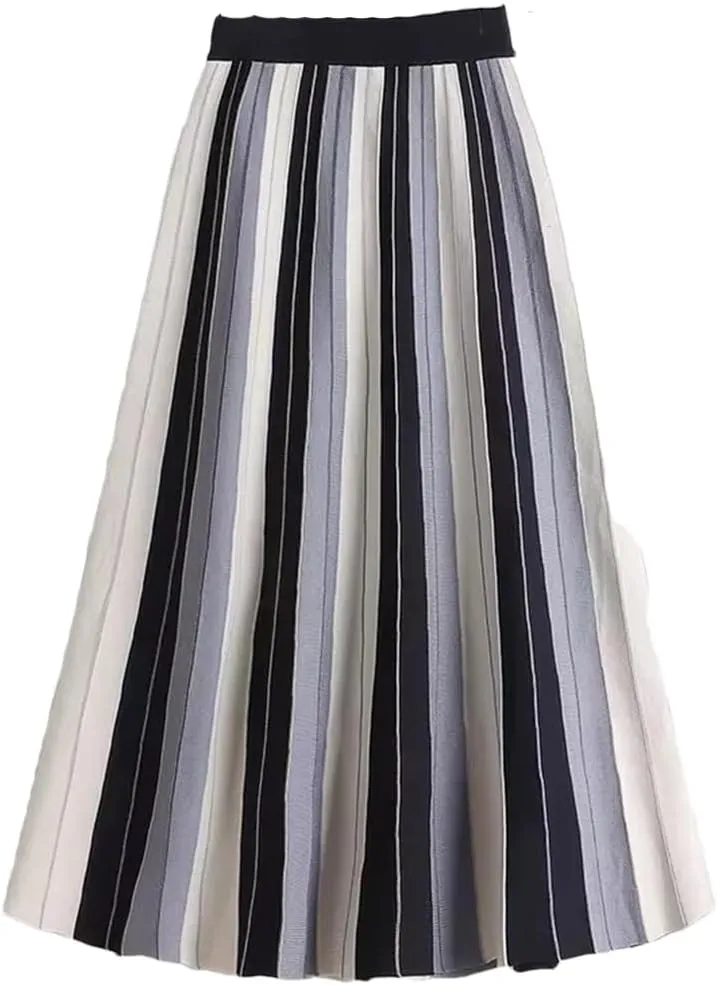 Hdhdeueh Women Striped Brown Gray A-Line High Waist Knitted Midi Skirt Elegant Pleated Skirt