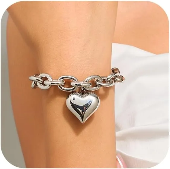 Heart Charm Bracelet for Women Chunky Matte Gold Link Chain Bracelet Vintage White Gold Love Heart Bracelet Fashion Valentines Bracelet