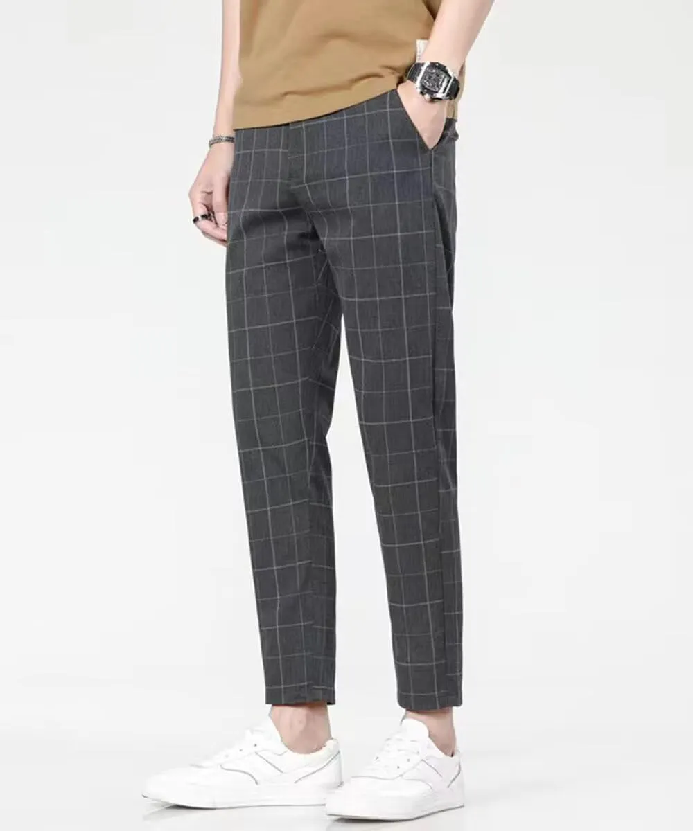 HENGAO Man's Chino Slim-Fit Plaid Pants Flat-Front Style Casual Skinny Fit Pants