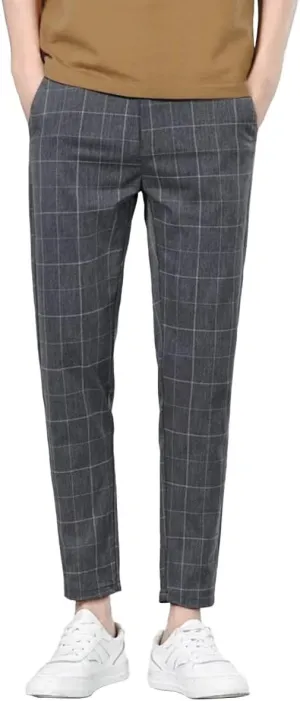 HENGAO Man's Chino Slim-Fit Plaid Pants Flat-Front Style Casual Skinny Fit Pants