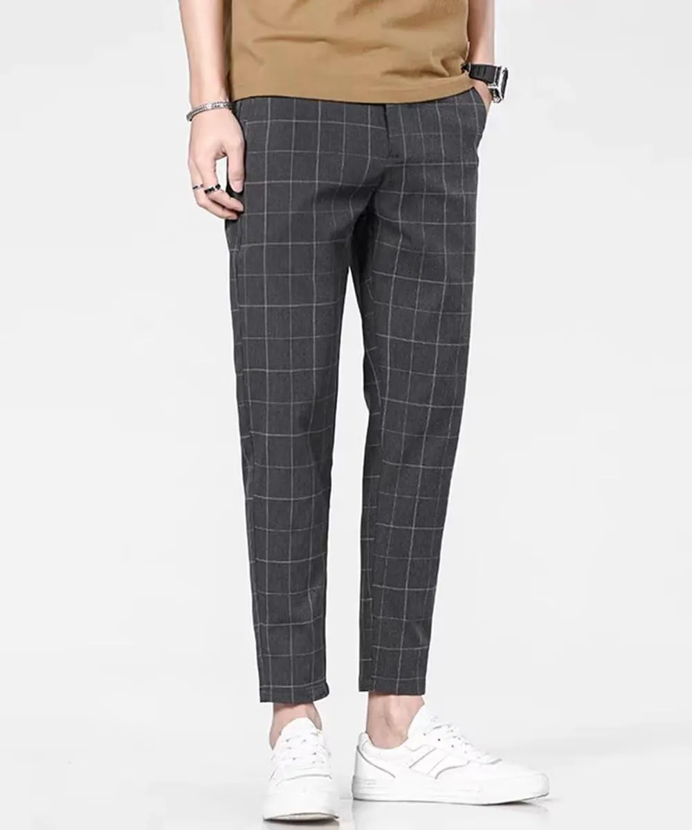 HENGAO Man's Chino Slim-Fit Plaid Pants Flat-Front Style Casual Skinny Fit Pants