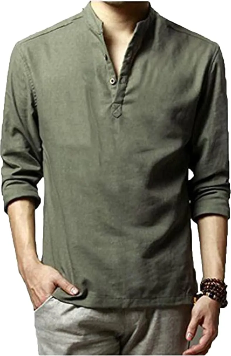 Hoerev Men Casual Long Sleeve Linen Slim Fit Shirts Beach Shirts