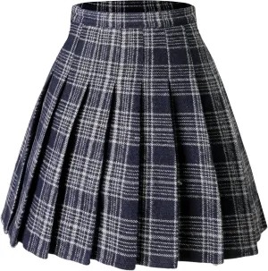Hoerev Women Girls Thick Wool Fabric for Cold Weather Versatile Plaid Pleated Skirt with Shorts