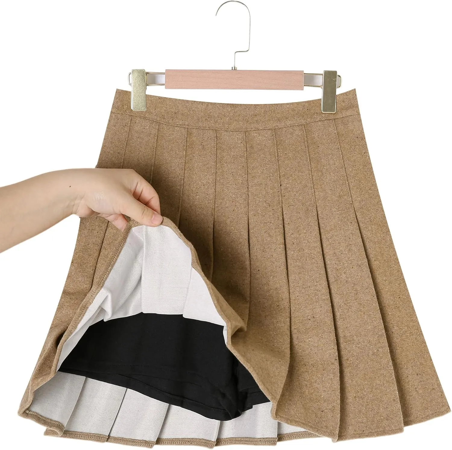 Hoerev Women Girls Thick Wool Fabric for Cold Weather Versatile Plaid Pleated Skirt with Shorts
