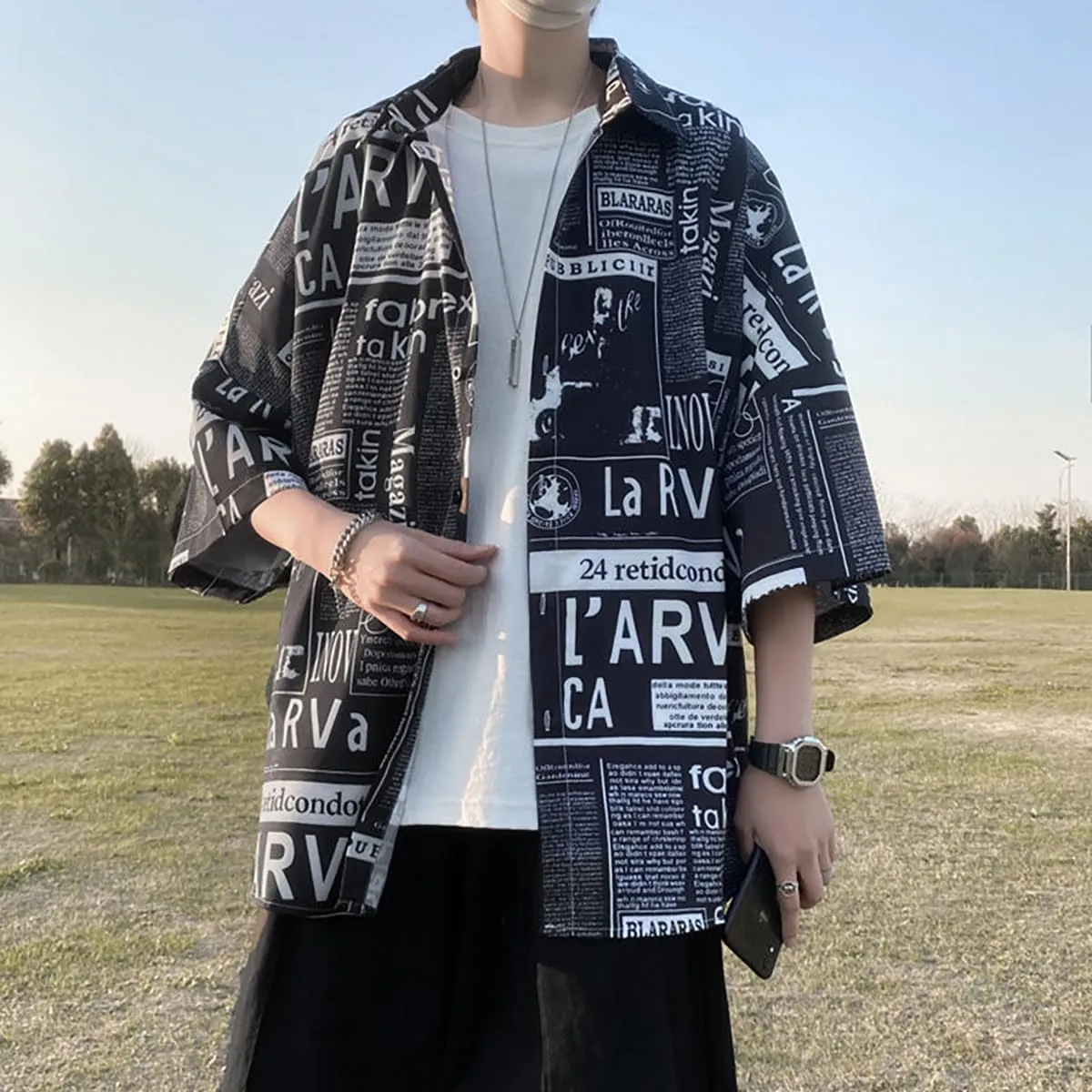Hong Kong Style Japanese Style Versatile Printed Shirt, Men's Short Sleeved Loose Trendy Oversized top, Handsome