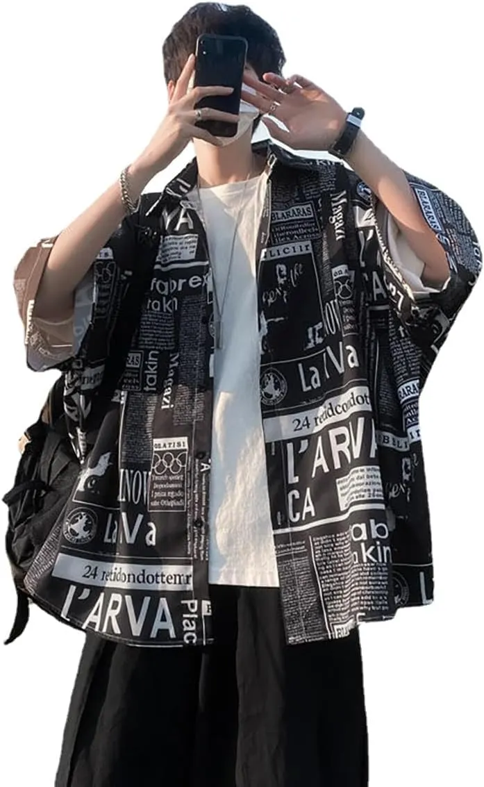 Hong Kong Style Japanese Style Versatile Printed Shirt, Men's Short Sleeved Loose Trendy Oversized top, Handsome