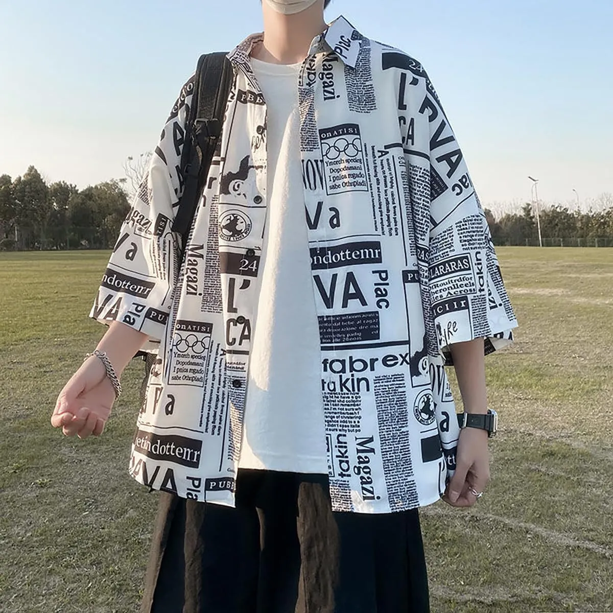 Hong Kong Style Japanese Style Versatile Printed Shirt, Men's Short Sleeved Loose Trendy Oversized top, Handsome
