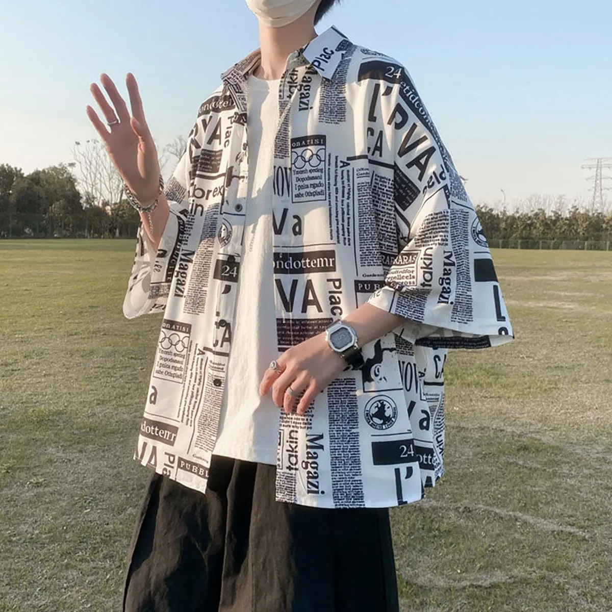 Hong Kong Style Japanese Style Versatile Printed Shirt, Men's Short Sleeved Loose Trendy Oversized top, Handsome