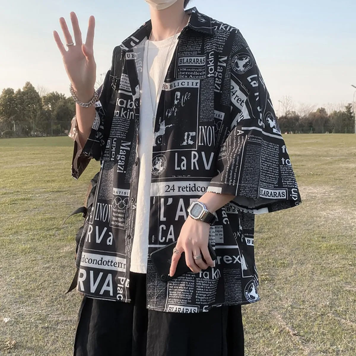Hong Kong Style Japanese Style Versatile Printed Shirt, Men's Short Sleeved Loose Trendy Oversized top, Handsome