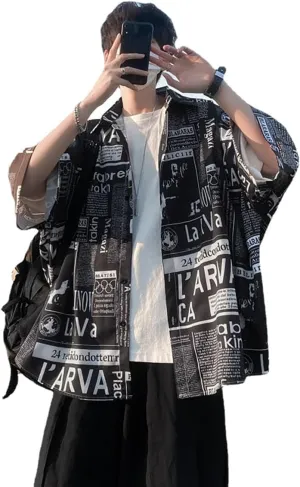 Hong Kong Style Japanese Style Versatile Printed Shirt, Men's Short Sleeved Loose Trendy Oversized top, Handsome