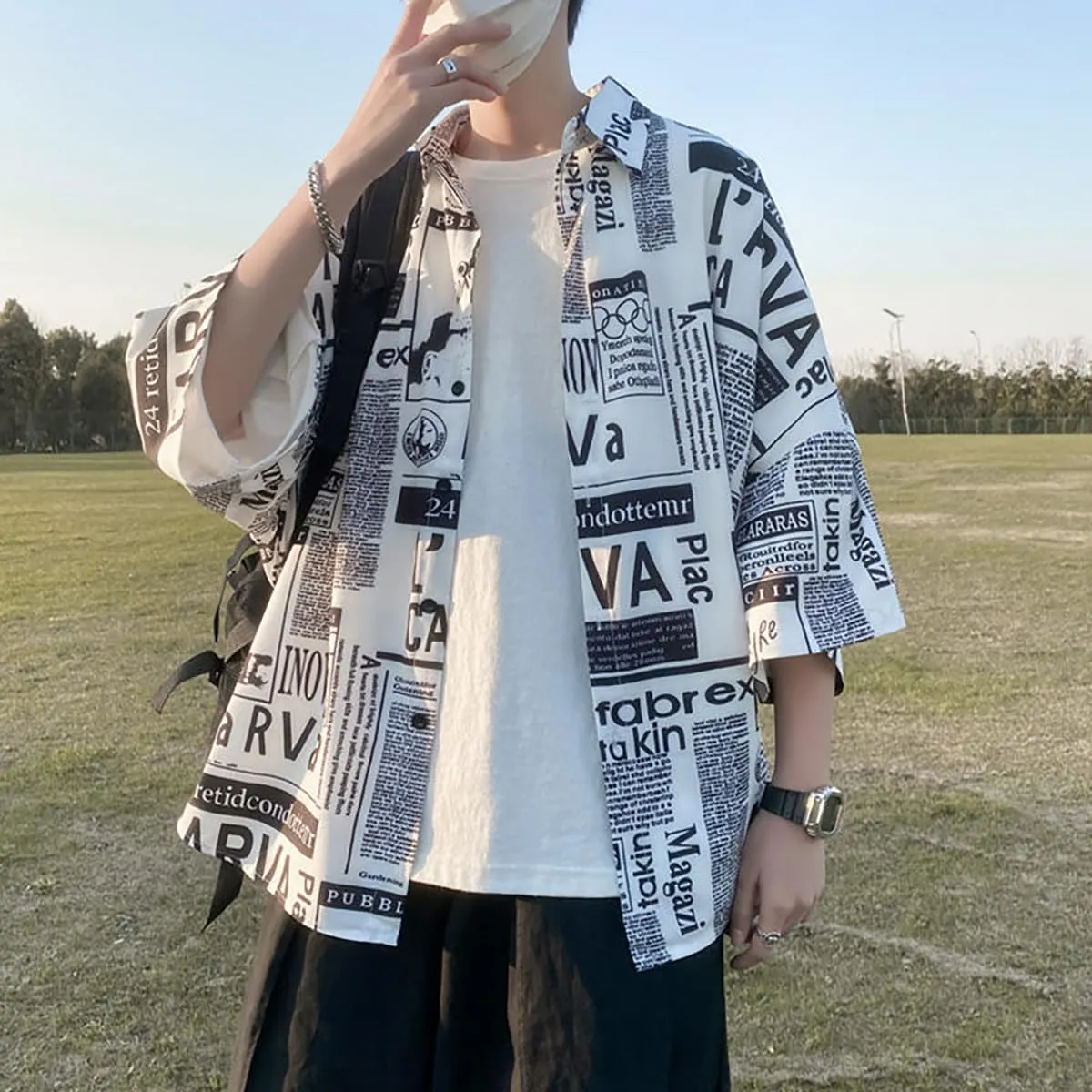 Hong Kong Style Japanese Style Versatile Printed Shirt, Men's Short Sleeved Loose Trendy Oversized top, Handsome