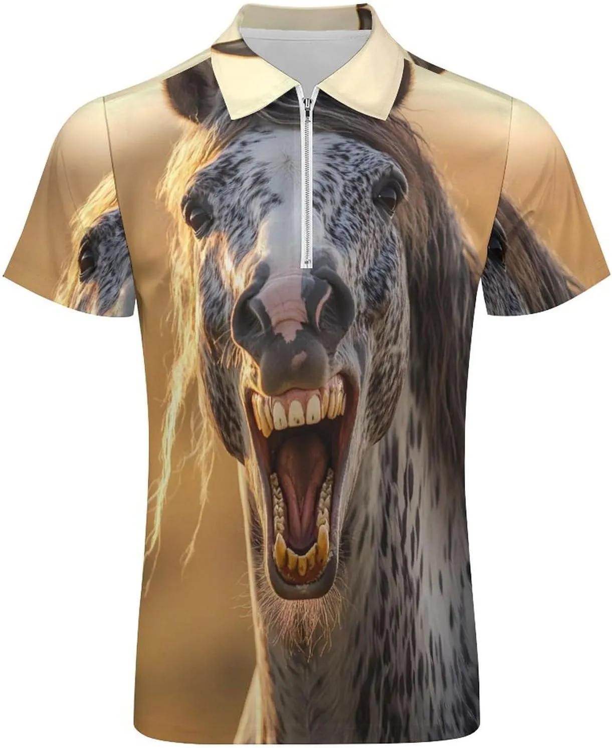 Horse Funny Polo Shirt Short Sleeve Zippered Tees Casual Workout Golf T Shirt Slim Fit Tops for Men