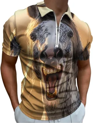 Horse Funny Polo Shirt Short Sleeve Zippered Tees Casual Workout Golf T Shirt Slim Fit Tops for Men