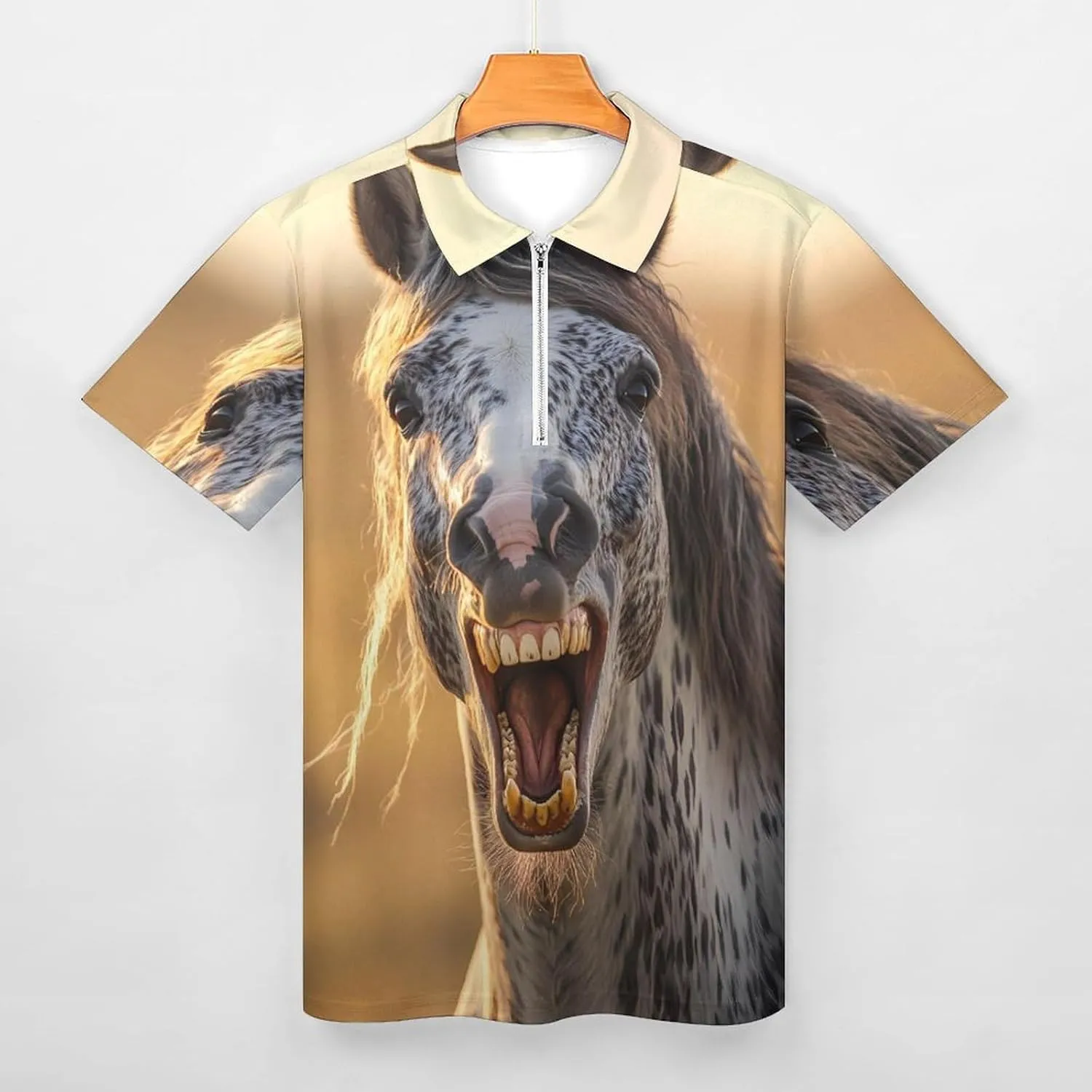 Horse Funny Polo Shirt Short Sleeve Zippered Tees Casual Workout Golf T Shirt Slim Fit Tops for Men