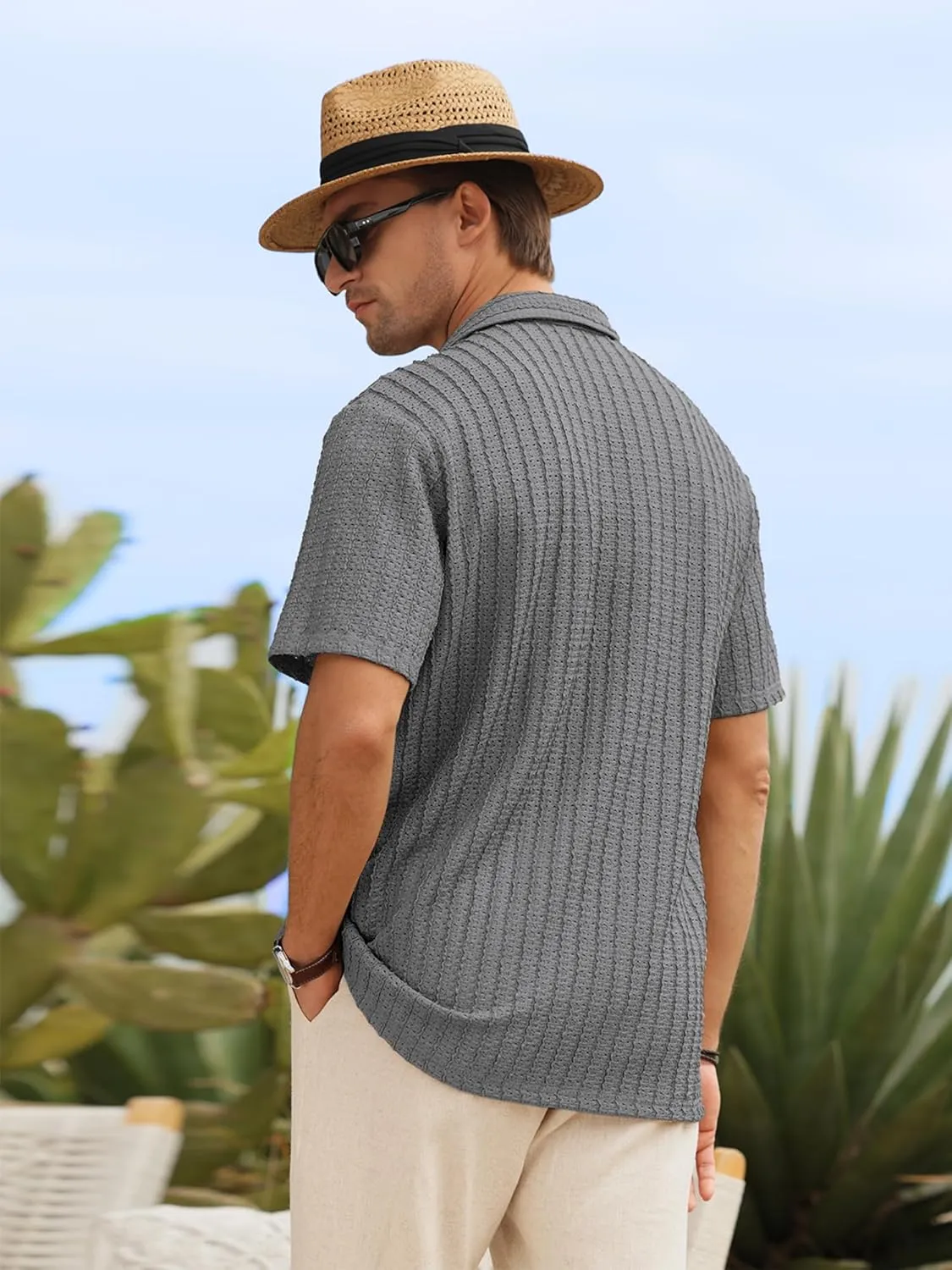 HOTake Men's Casual Summer Beach Shirts Button Down Short Sleeve Crochet Guayabera Shirts