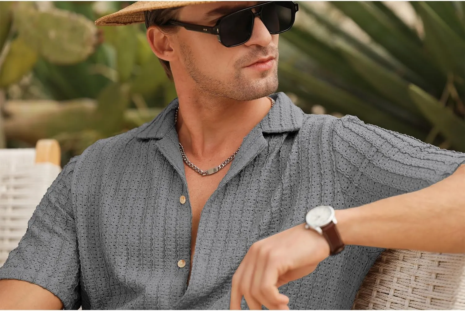 HOTake Men's Casual Summer Beach Shirts Button Down Short Sleeve Crochet Guayabera Shirts