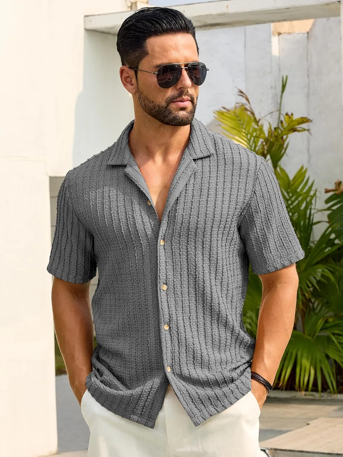HOTake Men's Casual Summer Beach Shirts Button Down Short Sleeve Crochet Guayabera Shirts