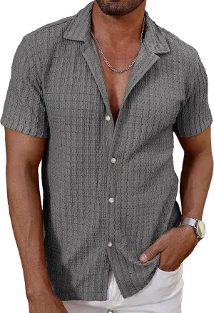 HOTake Men's Casual Summer Beach Shirts Button Down Short Sleeve Crochet Guayabera Shirts