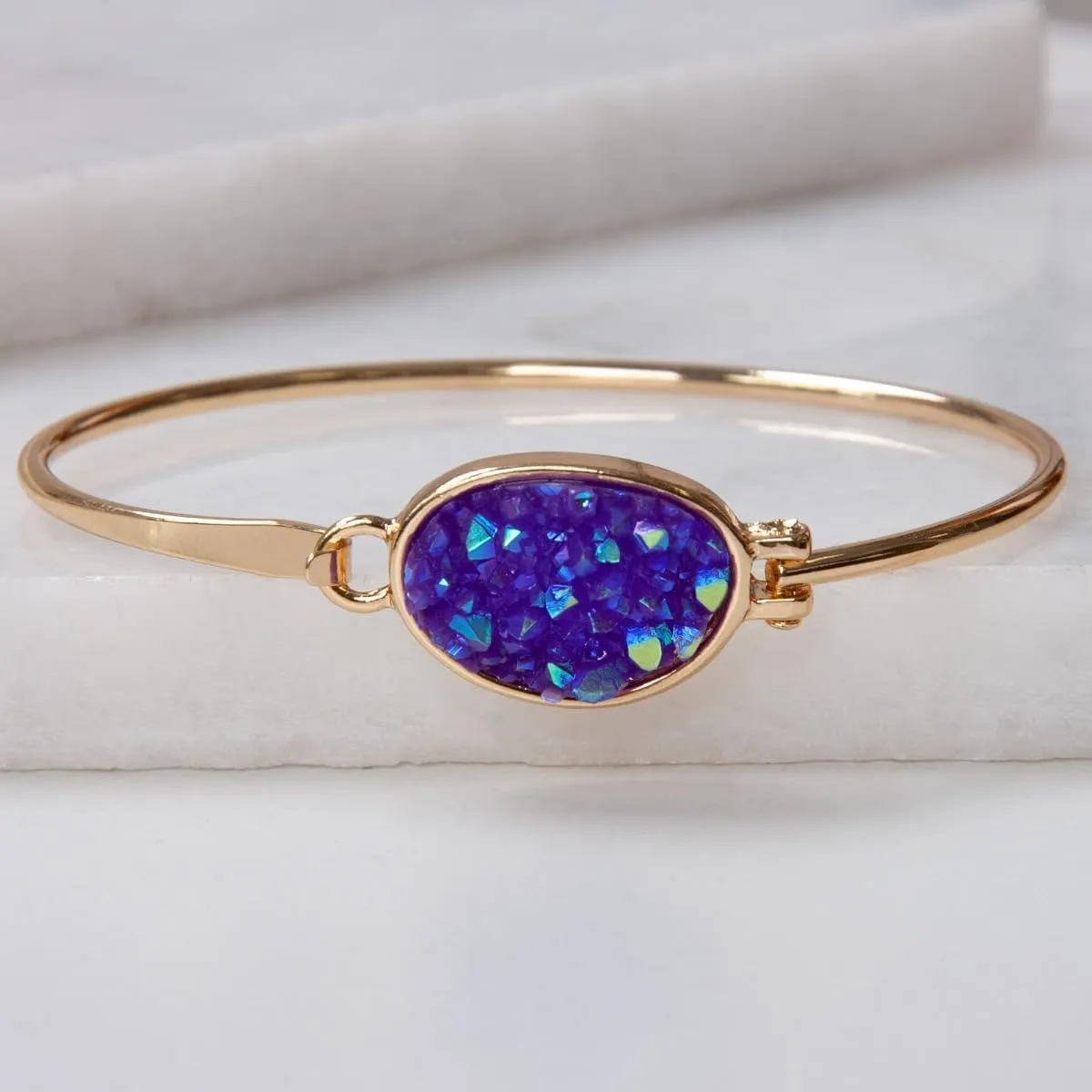Humble Chic NY Simulated Druzy Cuff Bracelets for Women - Boho Stackable Bangle Bracelet, Plated in Gold, Silver, or Rose Gold Tone with Oval Stone