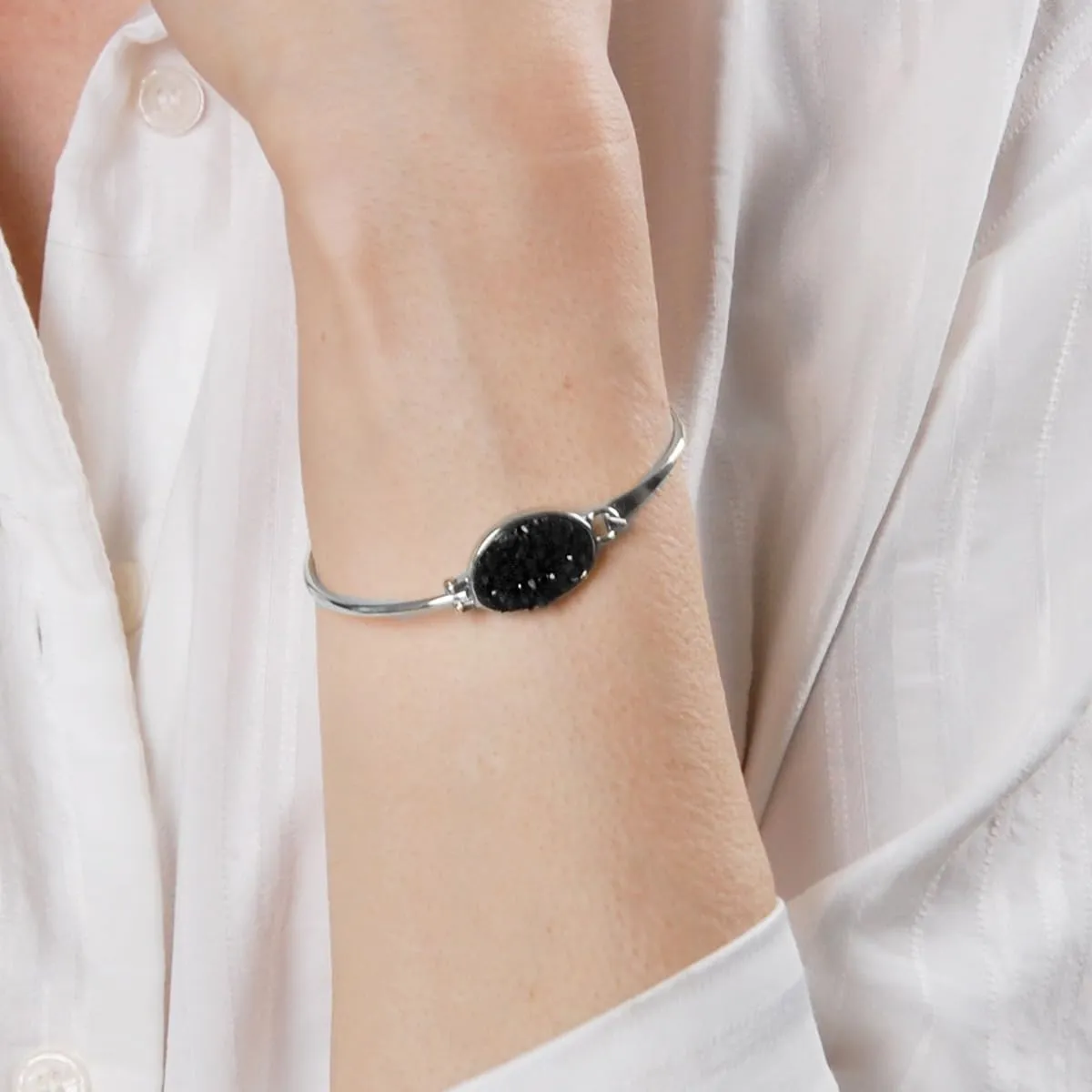 Humble Chic NY Simulated Druzy Cuff Bracelets for Women - Boho Stackable Bangle Bracelet, Plated in Gold, Silver, or Rose Gold Tone with Oval Stone
