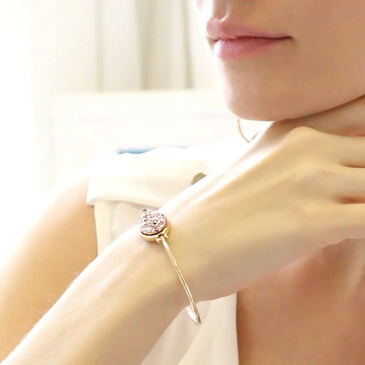 Humble Chic NY Simulated Druzy Cuff Bracelets for Women - Boho Stackable Bangle Bracelet, Plated in Gold, Silver, or Rose Gold Tone with Oval Stone