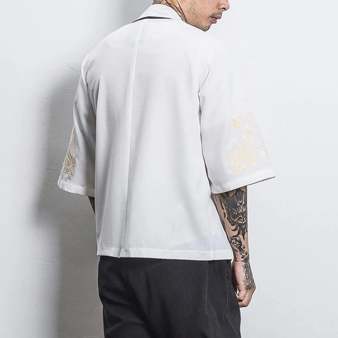 HZCX FASHION Men Shirts Black White Hanfu Lightweight Cardigan Beach Kimono Robe