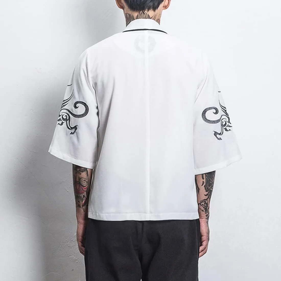 HZCX FASHION Men Shirts Black White Hanfu Lightweight Cardigan Beach Kimono Robe