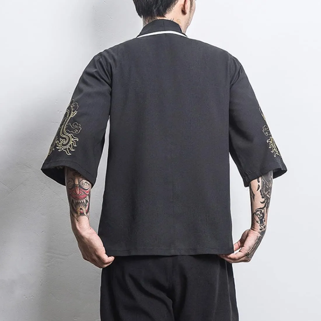 HZCX FASHION Men Shirts Black White Hanfu Lightweight Cardigan Beach Kimono Robe