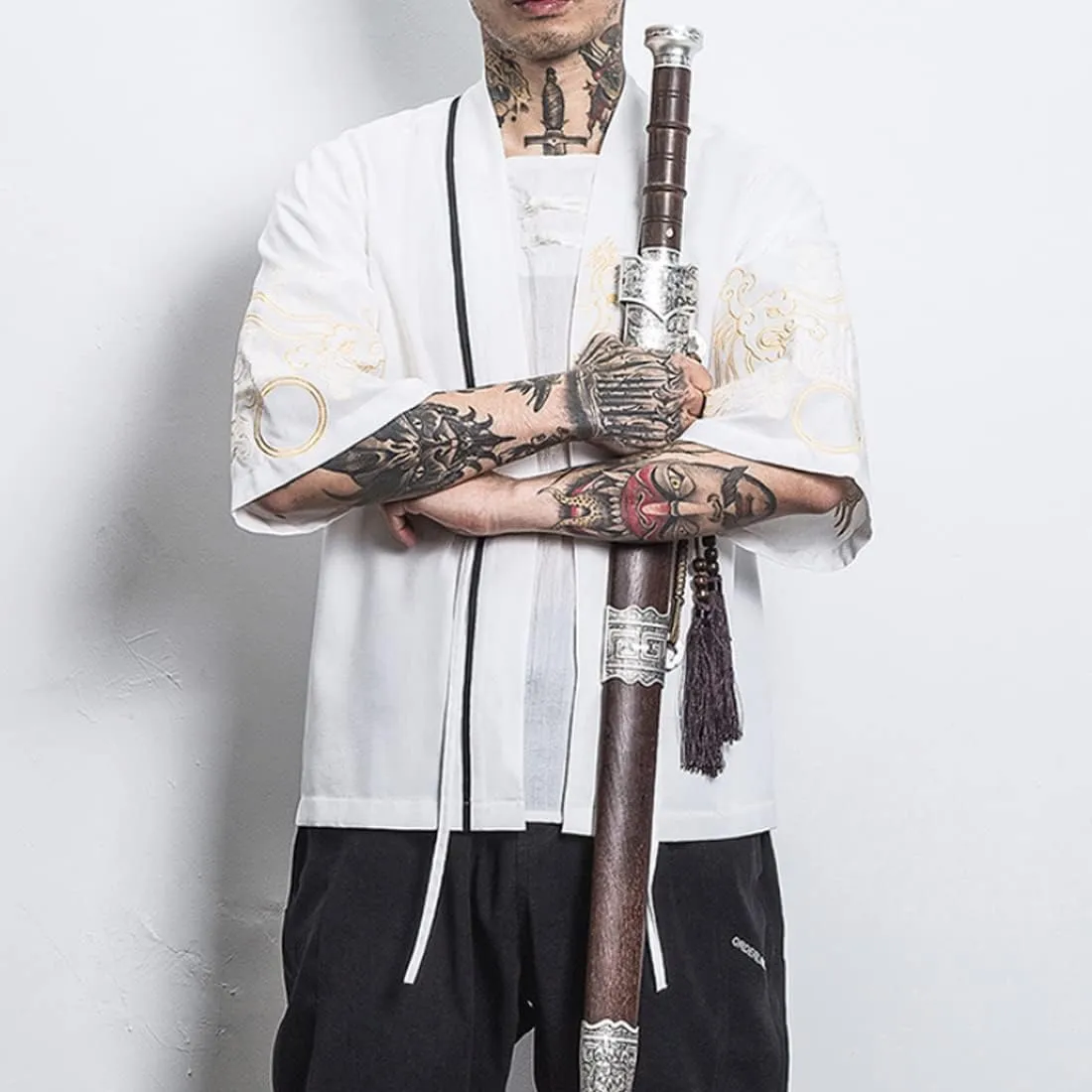 HZCX FASHION Men Shirts Black White Hanfu Lightweight Cardigan Beach Kimono Robe